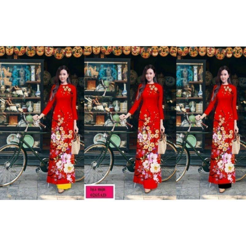 SÉT ÁO DÀI LỤA ĐỎ HOA ĐÀO VN