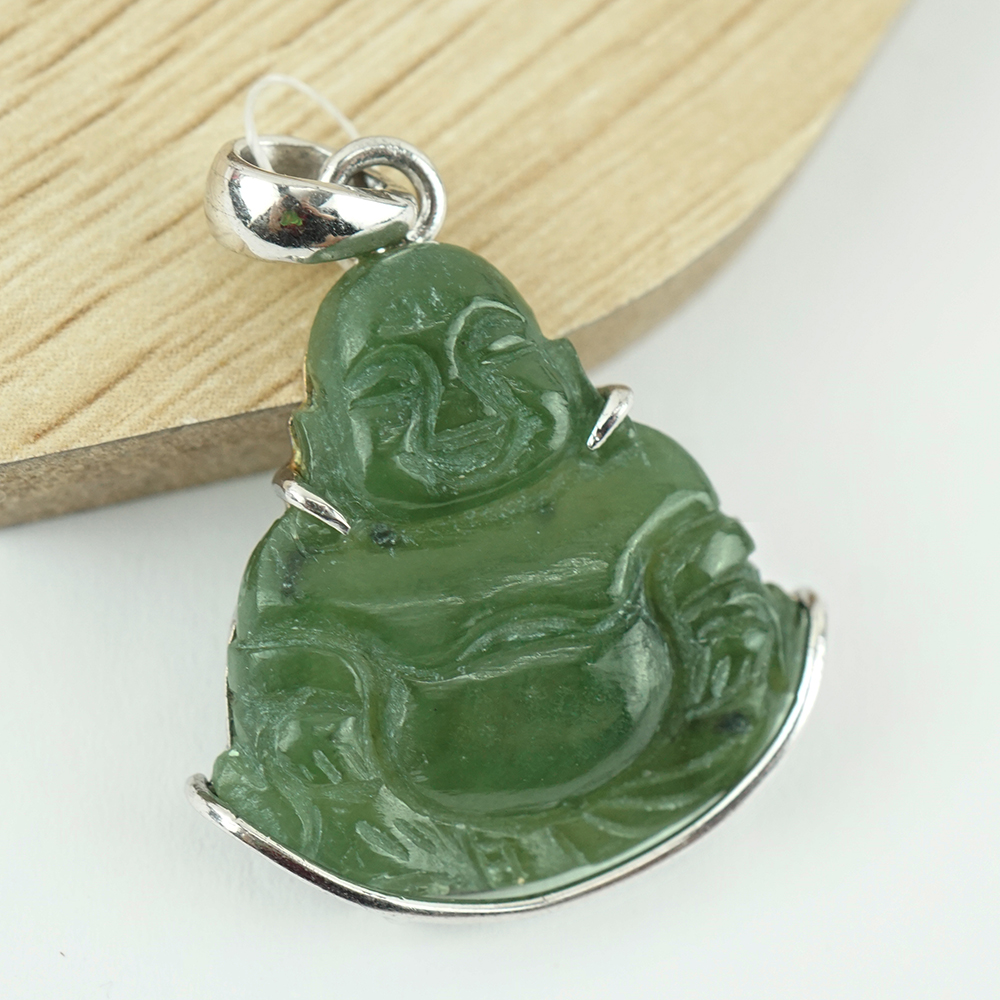 Mặt dây chuyền đá ngọc bích Nephrite Phật Di Lặc Khung Bạc