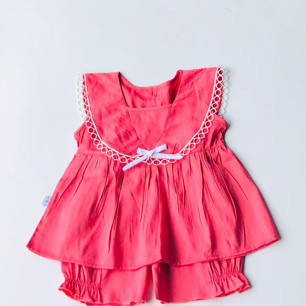 Bộ quần áo ngắn bé gái Hồng trơn cotton - AICDBGV7F4ZN - AIN Closet