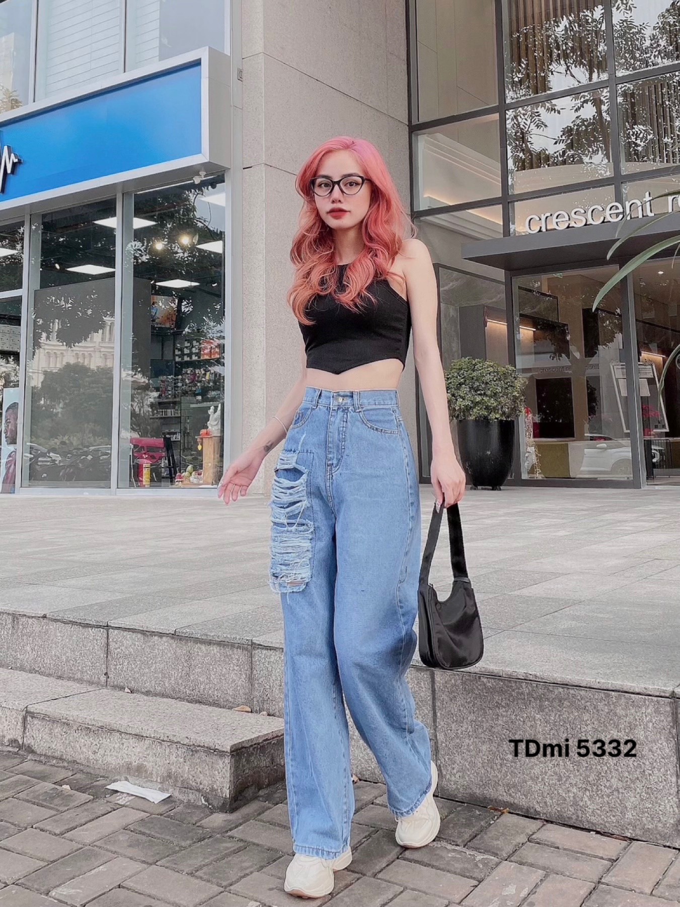 Quần bò nữ, Quần Baggy jean nữ lưng cao rách kiểu phong cách, Cạp quần cao vừa phải chất bò mịn đẹp
