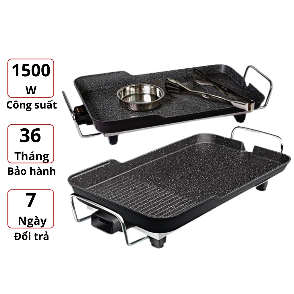 Bếp nướng điện không khói 3 lớp chống dính vân đá hoa cương 1500W công nghệ Nhật Bản - Kèm 1 kẹp thức ăn inox