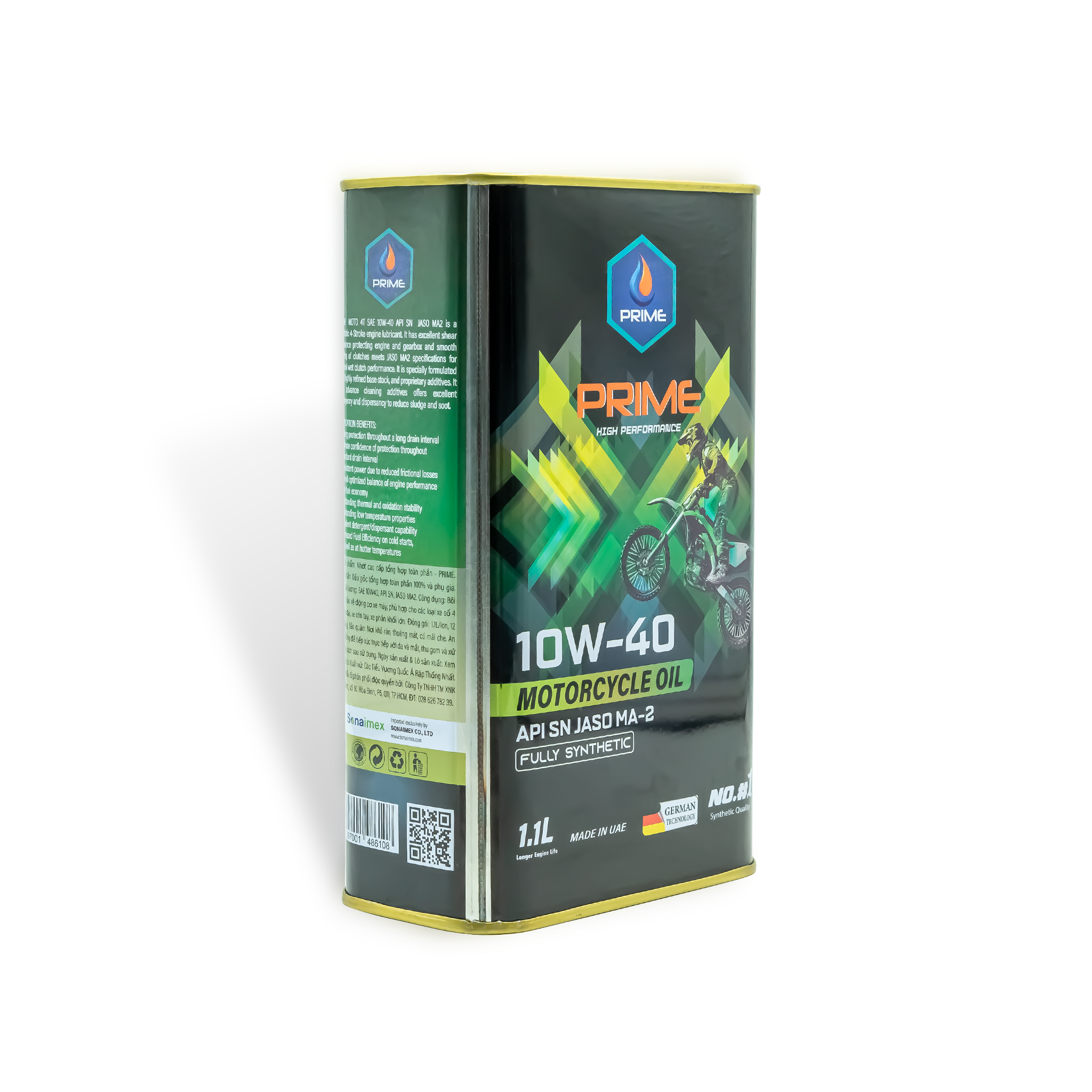 Nhớt tổng hợp toàn phần PRIME 10W40, SN, MA2, Fully Synthetic - Lon vuông 1.1L PRIME Lubricants Nhập Khẩu Dubai