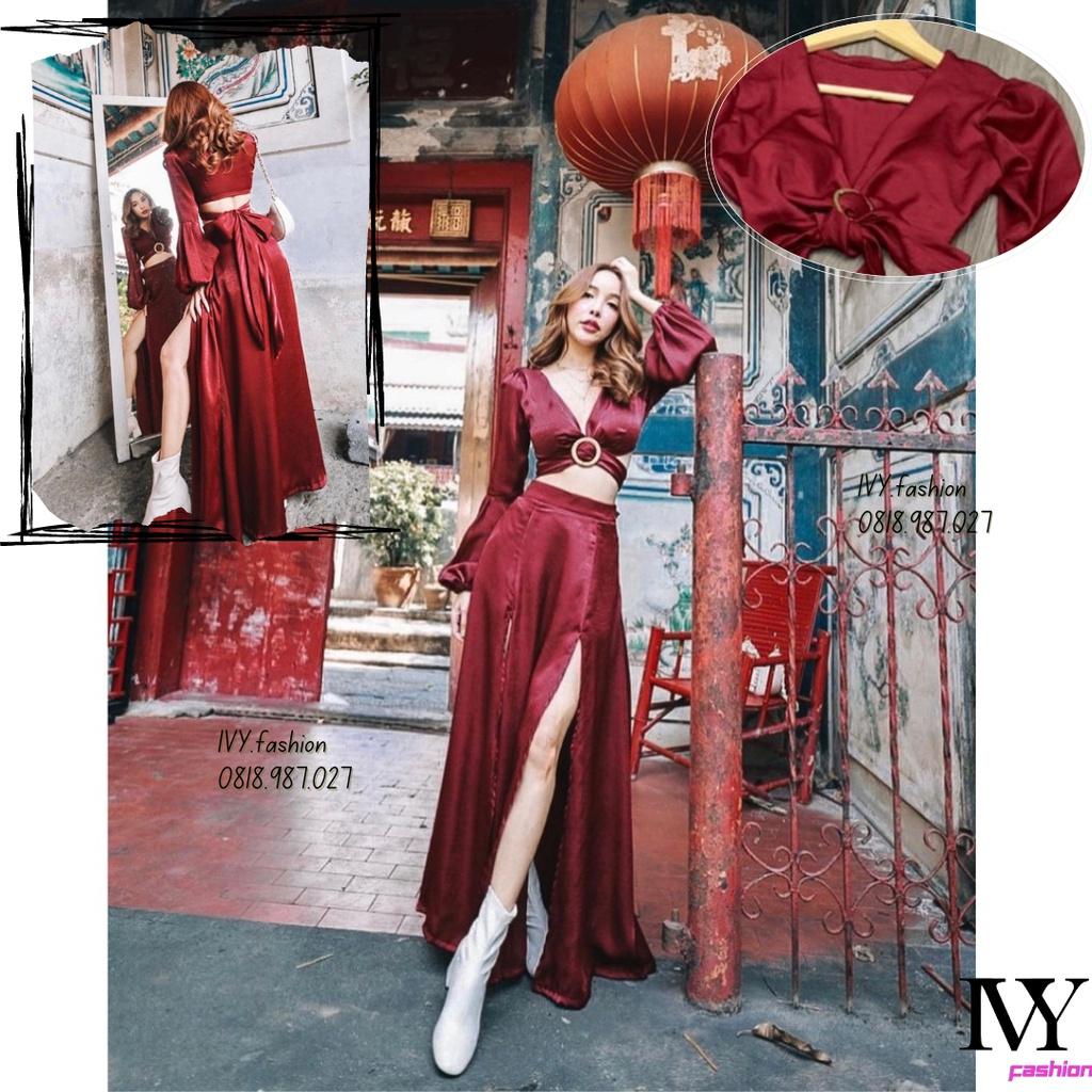 Đầm Maxi đỏ  đũi xước  mút ngực cổ V khoen xẻ tà tày dài đi biển dự tiệc dạo phố bigsize gợi cảm sexy