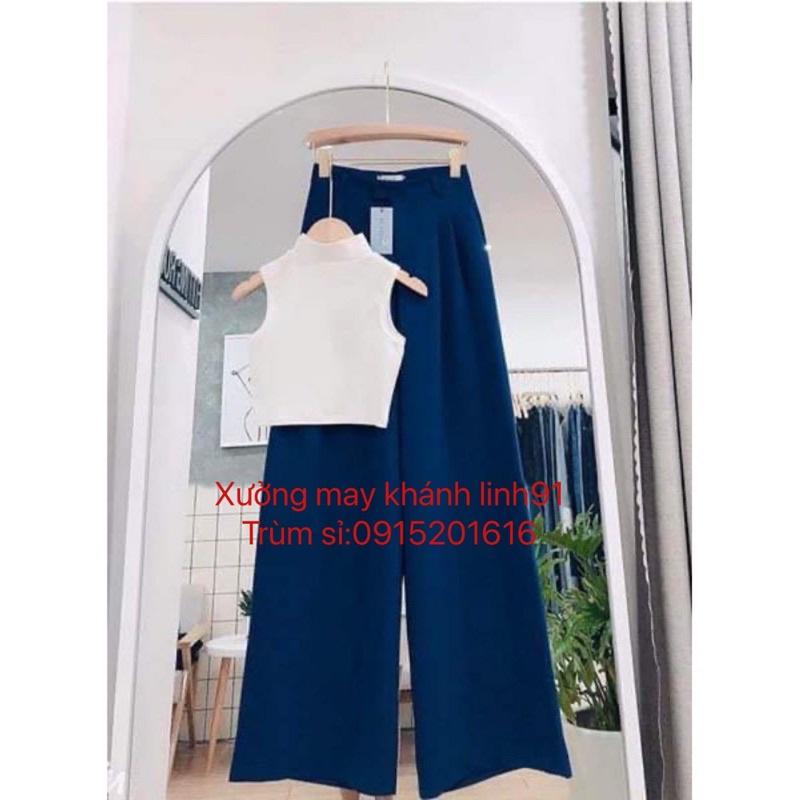 Quần Ống Rộng Màu Xanh siêu độc lạ xếp ly eo dấu cúc from dài 100cm cho nữ