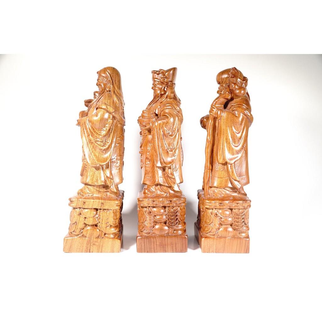 Bộ 3 tượng Phúc Lộc Thọ gỗ hương đứng trên khối đồng xu nguyên khối điêu khắc chạm cực đẹp - Cao 30cm