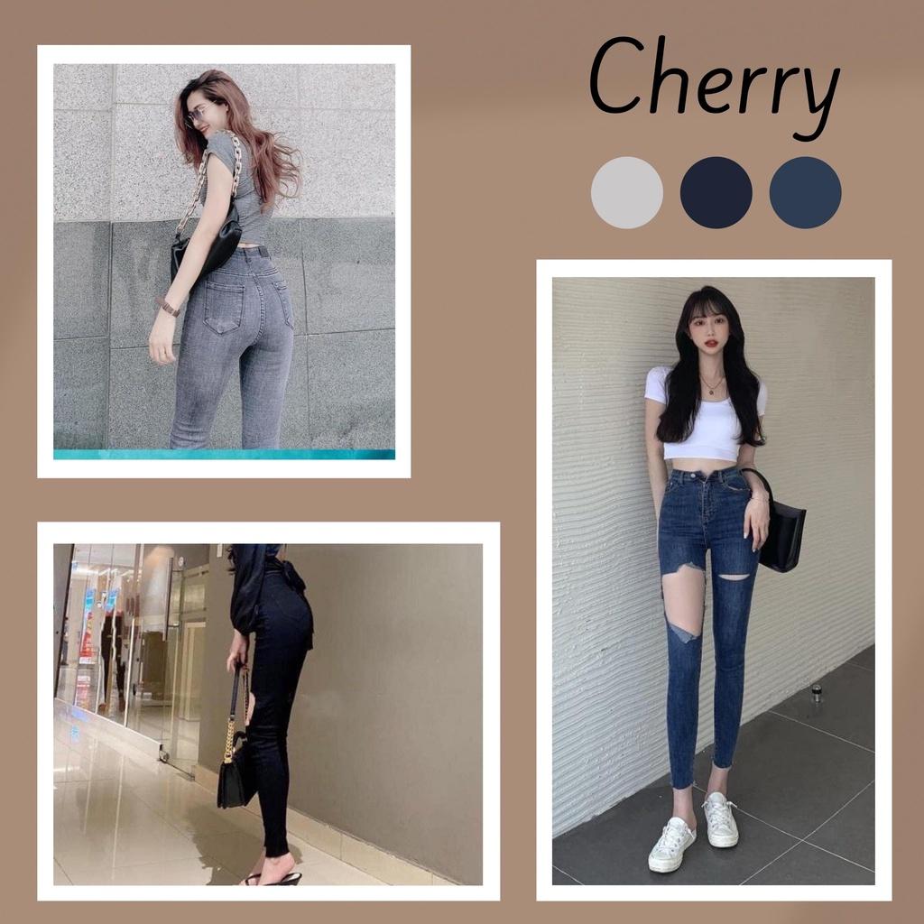 Quần jean nữ lưng cao rách gối co giãn CHERRY, quần bò nữ cạp cao rách gối dáng ôm chất jeans đẹp cao cấp T020