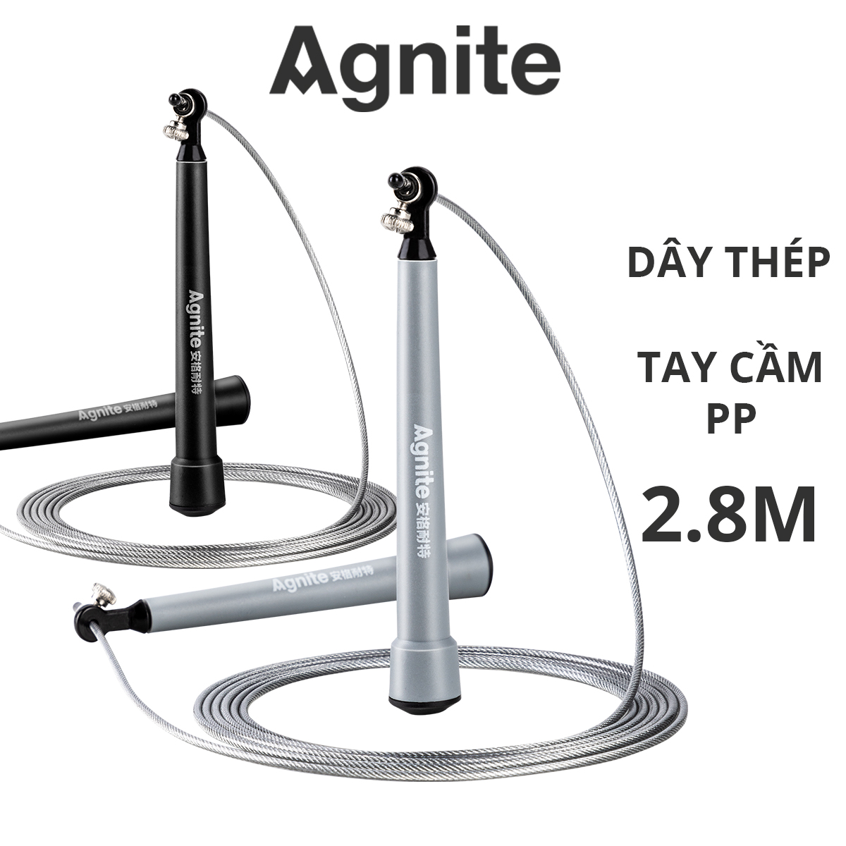 Dây nhảy thể dục, giảm cân Agnite - Dài 2.8m - Có thể điều chỉnh độ dài, Lõi bằng thép cao cấp - Màu Xám/ Đen - Hàng chính hãng - F4137