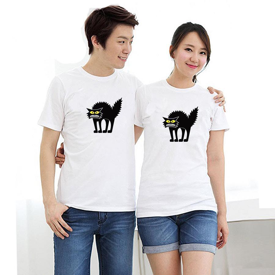 Áo thun cặp đôi in hình mèo xù lông form rộng phong cách hàn quốc