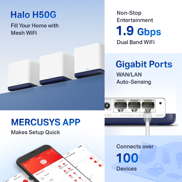 Hệ Thống Wifi Mesh Mercusys Halo H50G Dành Cho Gia Đình Chuẩn AC1900 - Hàng Chính Hãng