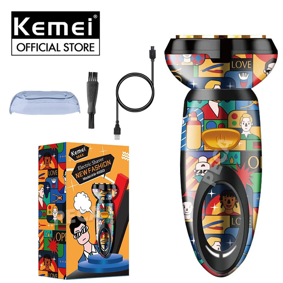 Máy cao râu KEMEI KM-RS503 lưỡi kép 4D thiết kế vỏ bọc sang trọng màu sắc TREND GRAFFITI phiên bản mini cá tính, sử dụng sạc USB tiện lợi - phân phối chính hãng