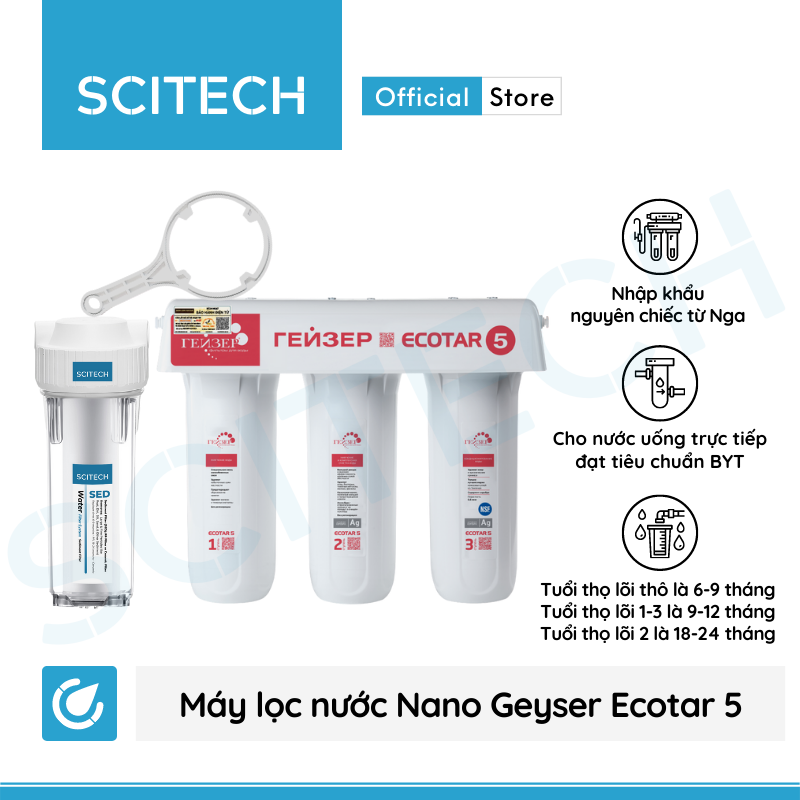 Máy lọc nước Nano Geyser Ecotar 5 kèm bộ đơn lọc thô 10 inch by Scitech - Hàng chính hãng