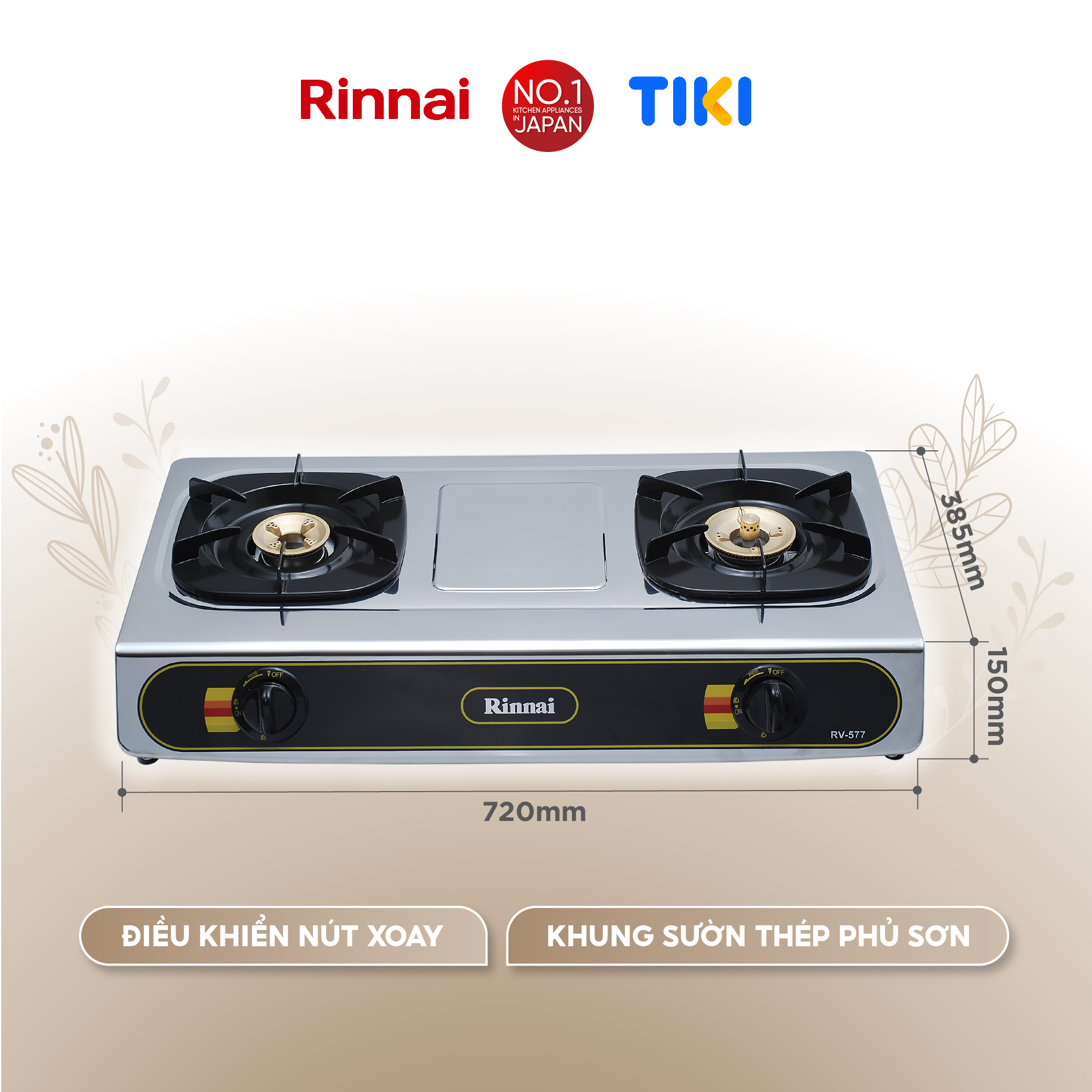 Bếp gas dương Rinnai RV-577(BK) mặt bếp inox và kiềng bếp men - Hàng chính hãng.