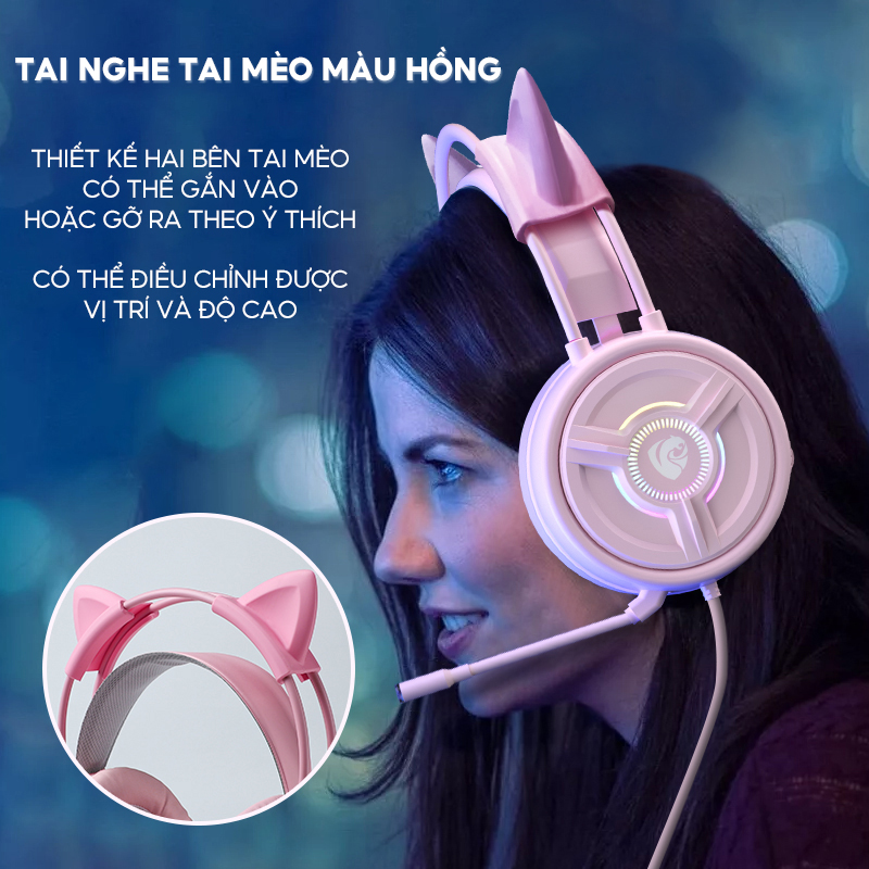 Tai Nghe Tai Mèo Gaming Mẫu Tai Chụp Có Dây 3 Cổng Kết Nối Có Đèn Led Và Mic Chống Ồn