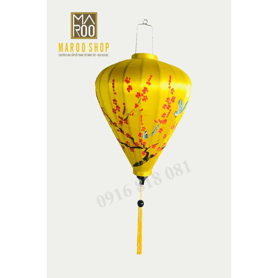 Đèn lồng Hội An vẽ hoa lá mùa xuân trên nền chất liệu vải phi bóng - kiểu tỏi - size 60 cm