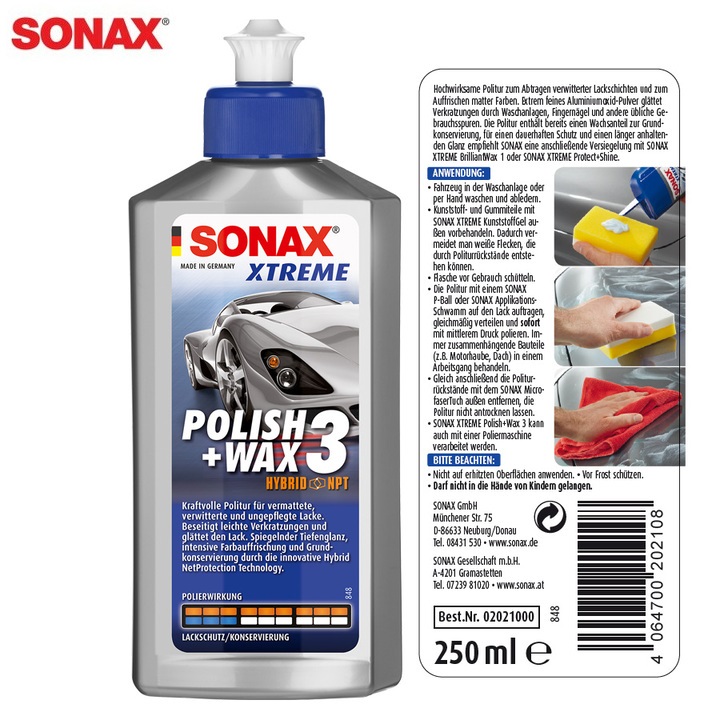 Hình ảnh Dung dịch xóa xước, đánh bóng và bảo vệ sơn xe ô tô, xe hơi 3 trong 1 Sonax Wax 250 ml 202100