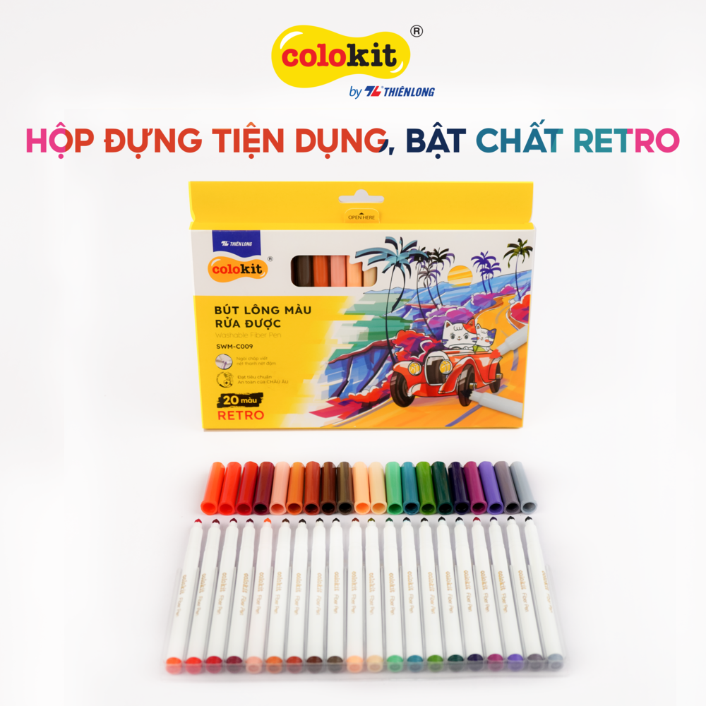 Bút lông màu Fiber Pen 20 màu Retro Thiên Long Colokit rửa được ngòi chóp viết nét thanh nét đậm SWM-C009