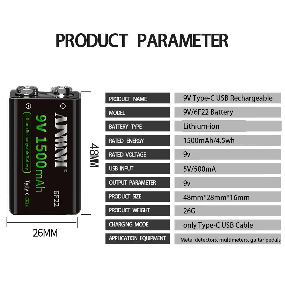 1500mAh type-c USB 9 Volt Pin sạc li-ion 6F22 9V Li ion Lithium cho Đồ chơi mô hình máy bay trực thăng RC Micrô Màu sắc: 12 cái