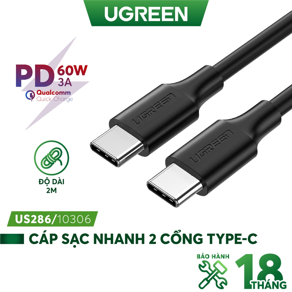 Cáp sạc và truyền dữ liệu từ máy tính ra điện thoại US286 Ugreen 10306 2M màu đen USB type C 2.0 Hàng Chính Hãng