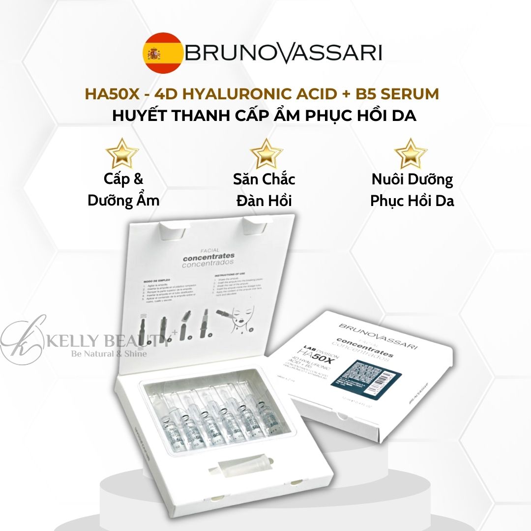 Huyết Thanh Căng Bóng Da Bruno Vassari HA50X 4D Hyaluronic Acid + B5 - Cấp Ẩm Đa Tầng, Săn Chắc Da - Kelly Beauty