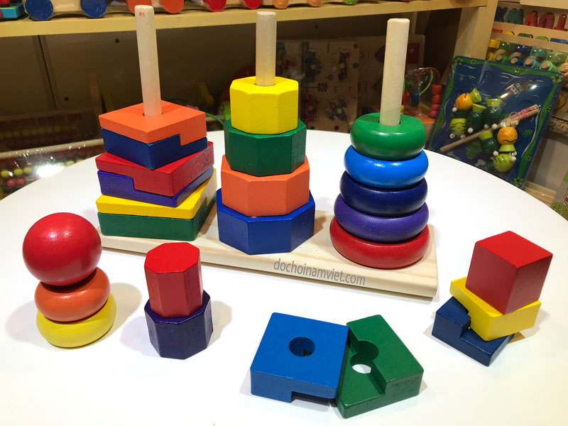 Xếp chồng tháp 3 cọc đồ chơi gỗ Montessori thông minh