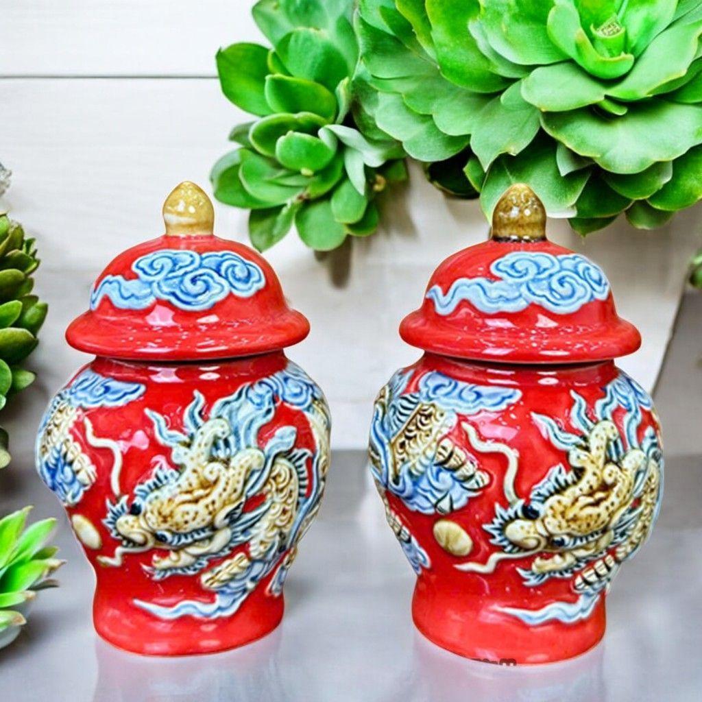 Chóe Thờ men đỏ đắp nổi RỒNG VIỆT, Hũ Đựng Muối Gạo Chiêu Tài, Gốm sứ Bát Tràng cao cấp