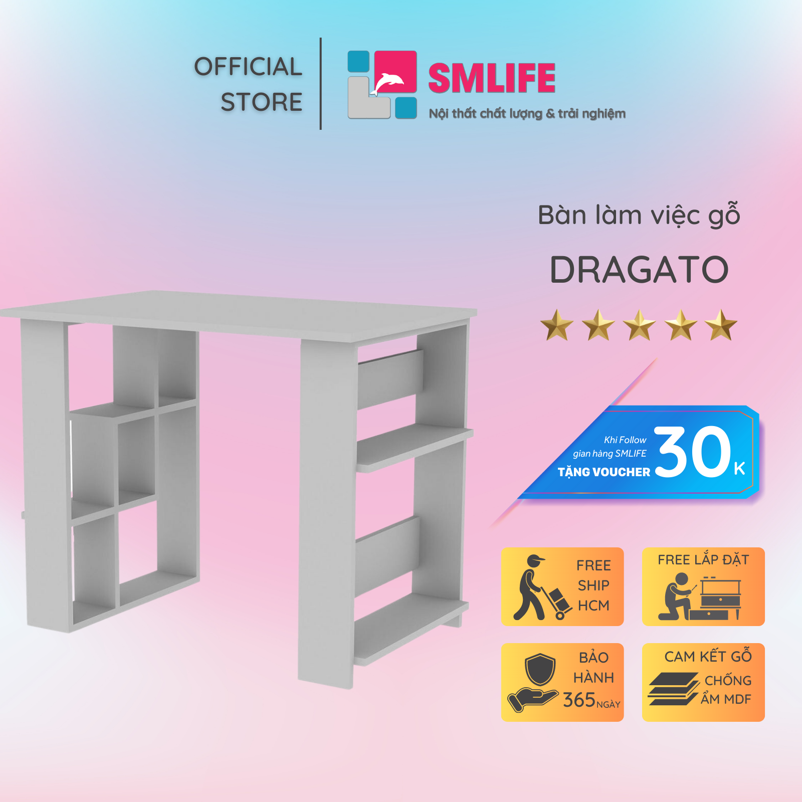 Bàn làm việc, bàn học gỗ hiện đại SMLIFE Dragato | Gỗ MDF dày 17mm chống ẩm | D100xR60xC75cm