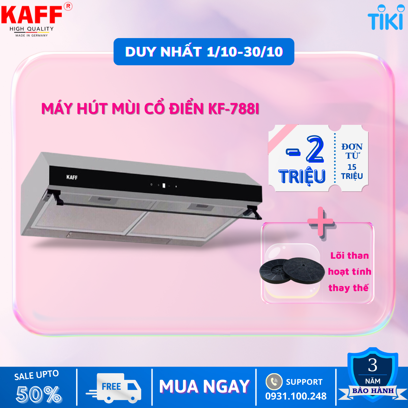 Máy hút mùi cổ điển inox phối kính cảm ứng 700mm KAFF KF-788I Tặng bộ lọc than thay thế  - Hàng Chính Hãng