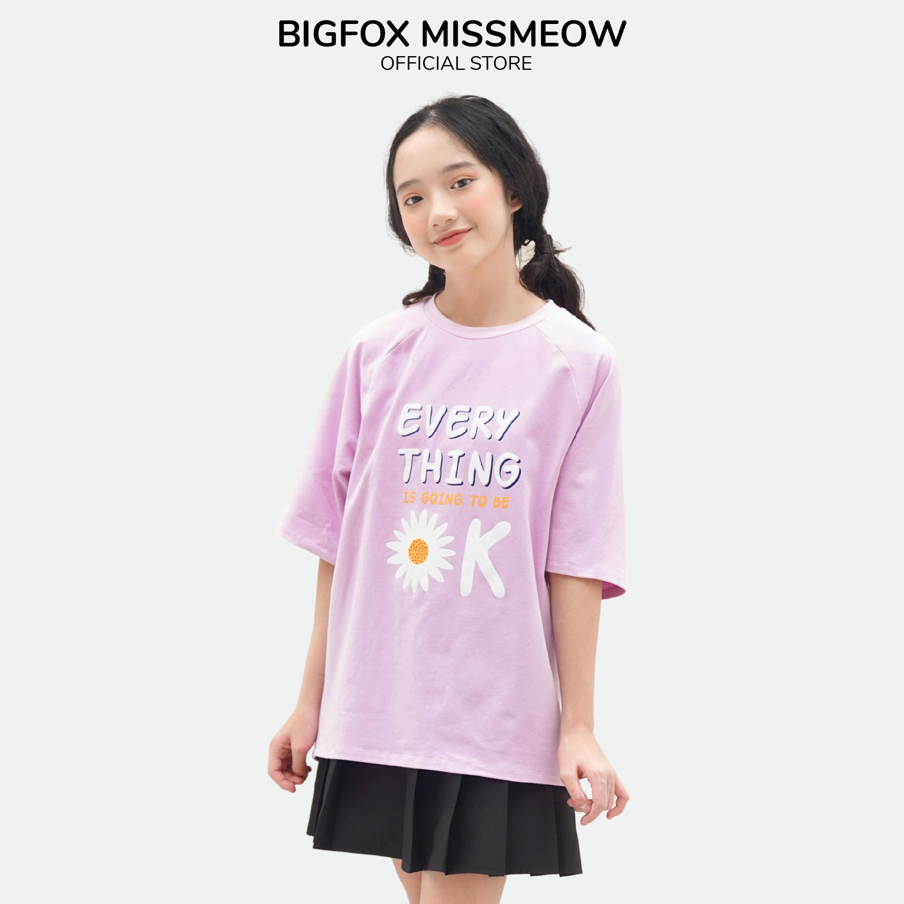 Áo Phông Bé Gái MissMeow Áo Thun Cho Bé Cộc Tay Dáng Rộng Size Đại In Hoa Cúc Every Thing 12-15