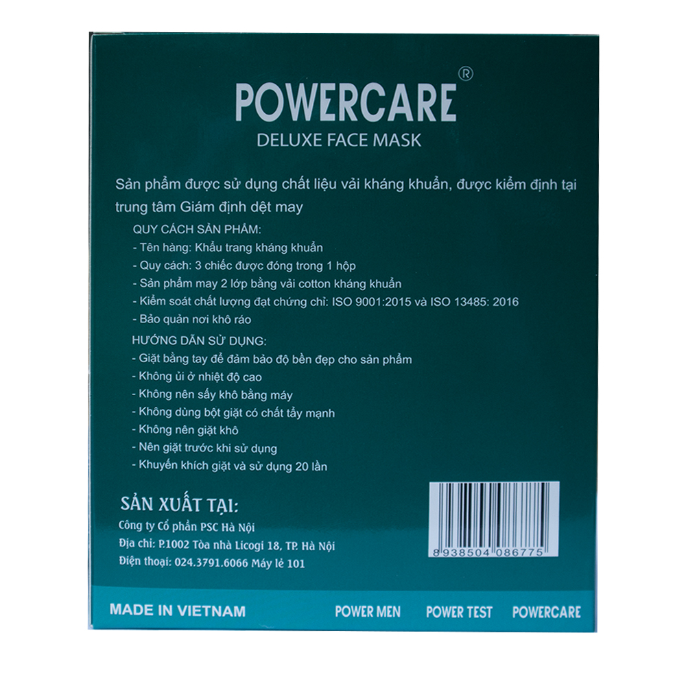 Khẩu trang vải Kháng Khuẩn Powercare Hộp 3 Chiếc - Tiêu chuẩn xuất Nhật - Hàng chính hãng 100%