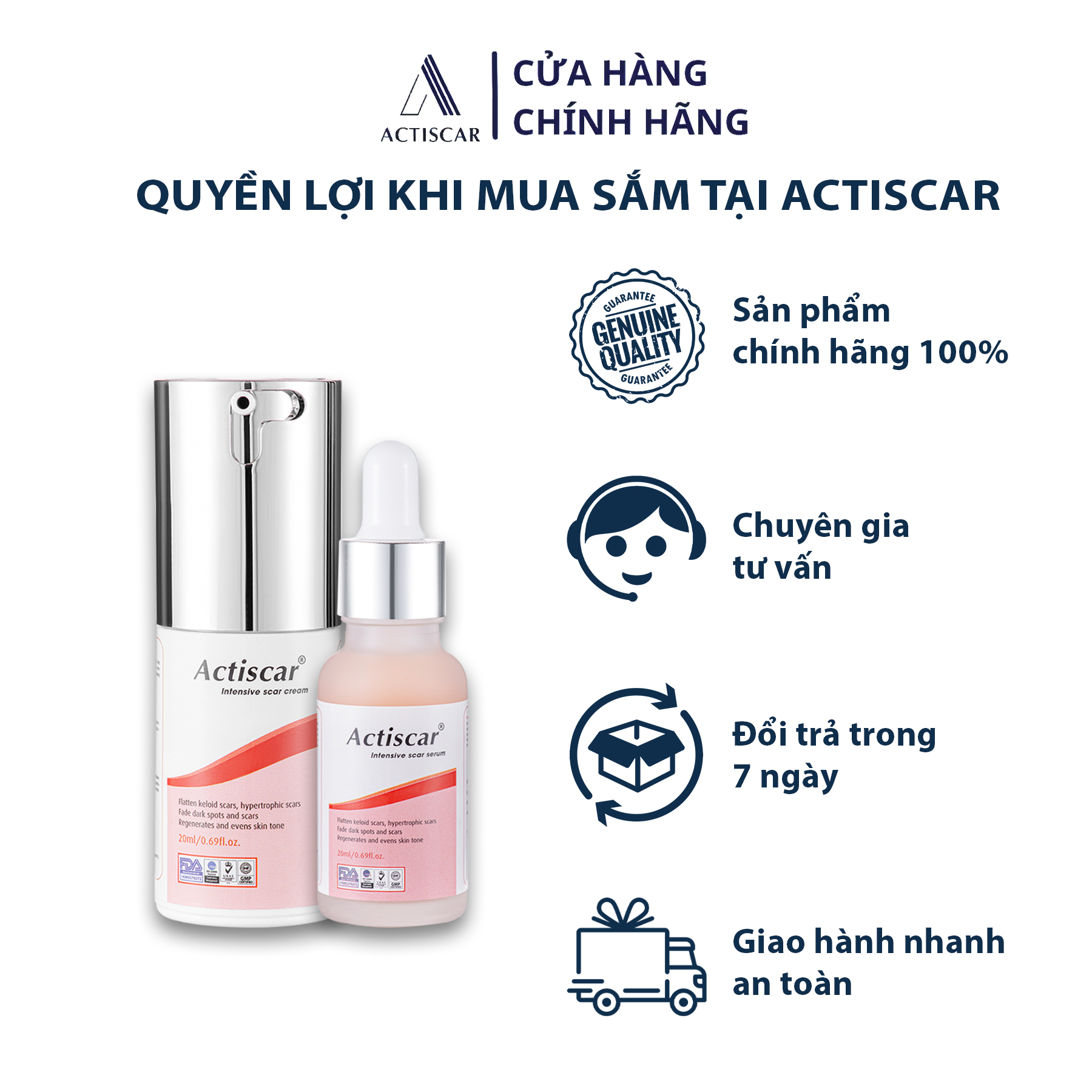 Combo Kem Sẹo và Serum Xóa Sẹo Lồi To, Sẹo Phì Đại Actiscar ( Màu Đỏ)