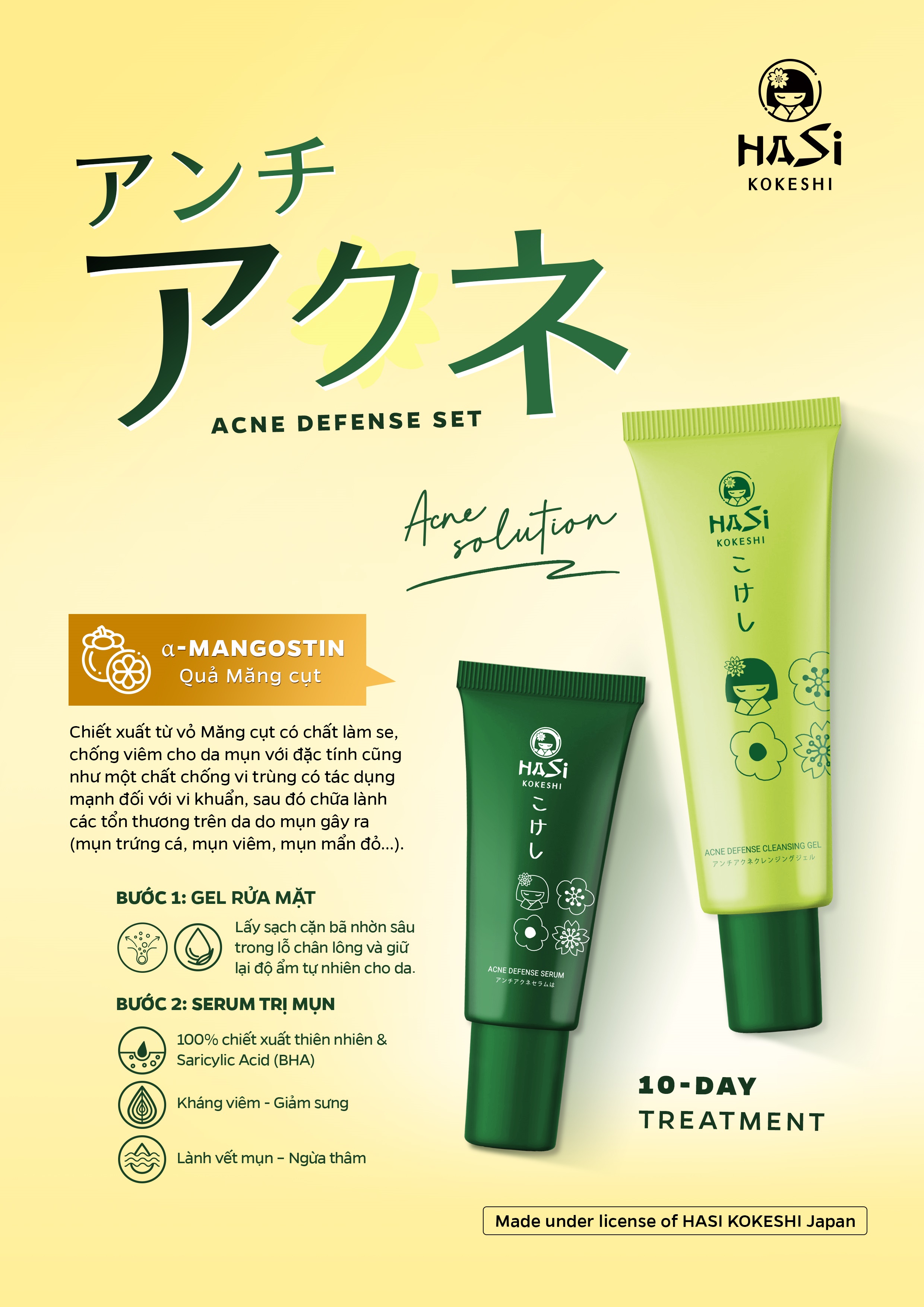 Combo Dưỡng Cho Da Mụn Hasi Kokeshi Acne Defense Set + Hasi Kokeshi Puredoll Acne Spot