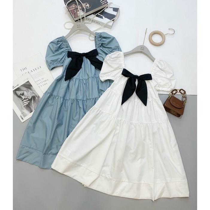 Váy suông tay bồng phối nơ