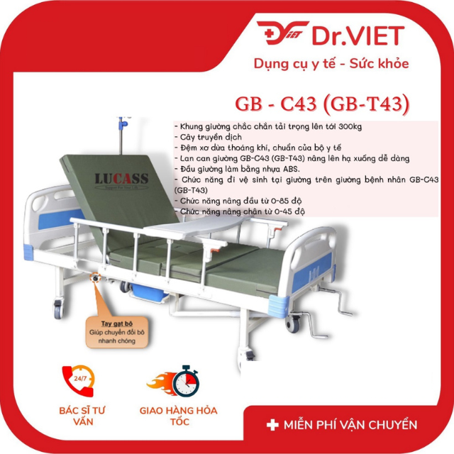 Giường bệnh nhân 3 tay quay Lucass GB-C43 (GB-T43) chính hãng và bền bỉ phù hợp cho bệnh nhân, người già, người bị liệt