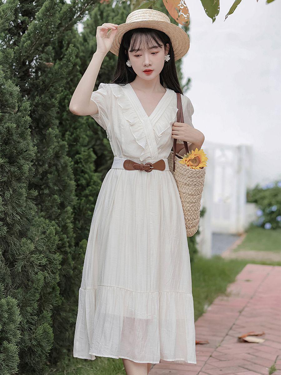 TOBE1SHOP Mùa hè ngắn tay áo v cổ đầm phụ nữ mùa hè ăn mặc 2023 Pháp hiển thị gầy eo đầm dài