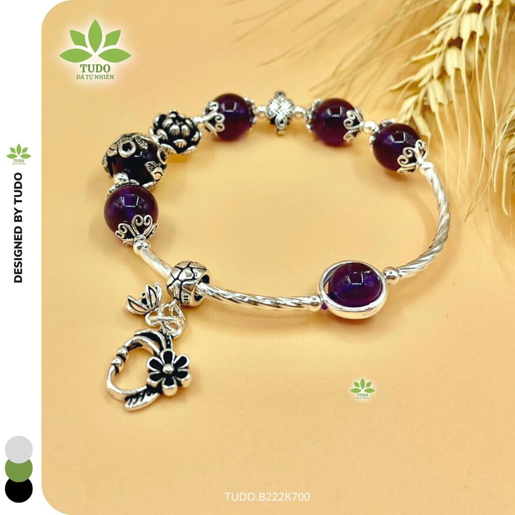 Vòng Tay Bạc Nữ Charm Bạc Cát Tường, Hoa Sen, Ốp Bọc Mix TA Tím TUDO B222K700 cho Mệnh Hỏa Thổ