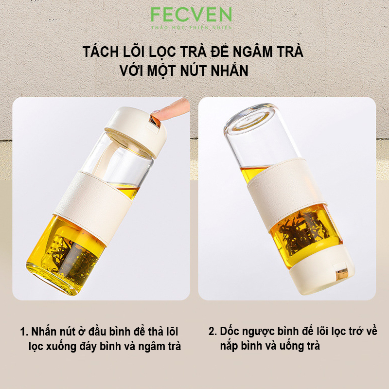 Bình Thủy Tinh Pha Trà Fecven Lõi Lọc Từ Tính, Quai Xách Silicon Bền Bỉ, Dung Tích 450ml