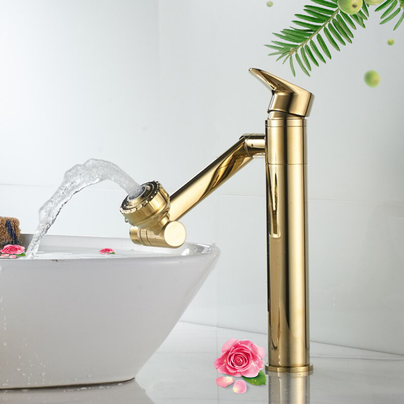 Vòi rửa mặt Lavabo cổ xoay 720 độ đa chiều, củ đồng, thân cao, mạ vàng, điều chỉnh nhiều chế độ tia nước Minh House