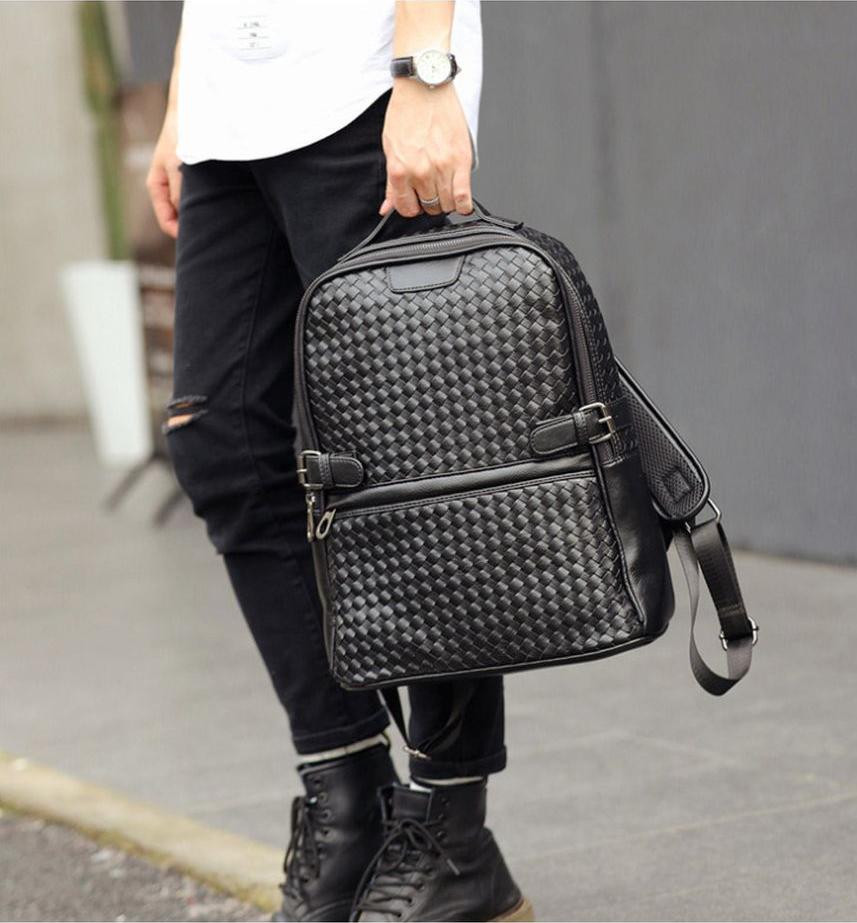 Unisex Fashion Backpack Leather Woven student Laptop Bag