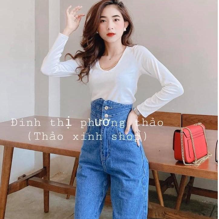 Quần jeans nữ simple cạp siêu cao 2 khuy dáng đứng màu xanh