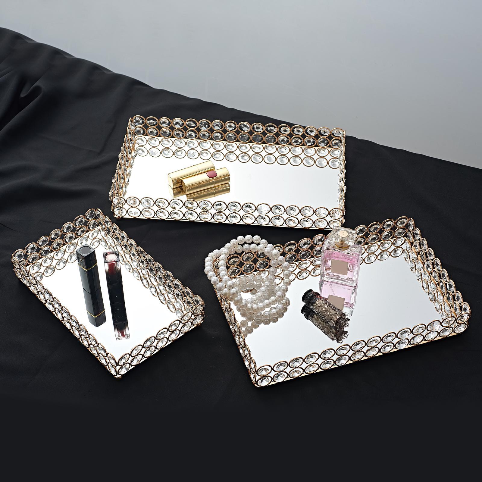 3 Size - Mirrored Tray Home Decor Crystal Vanity Makeup Perfume Jewelry Tray