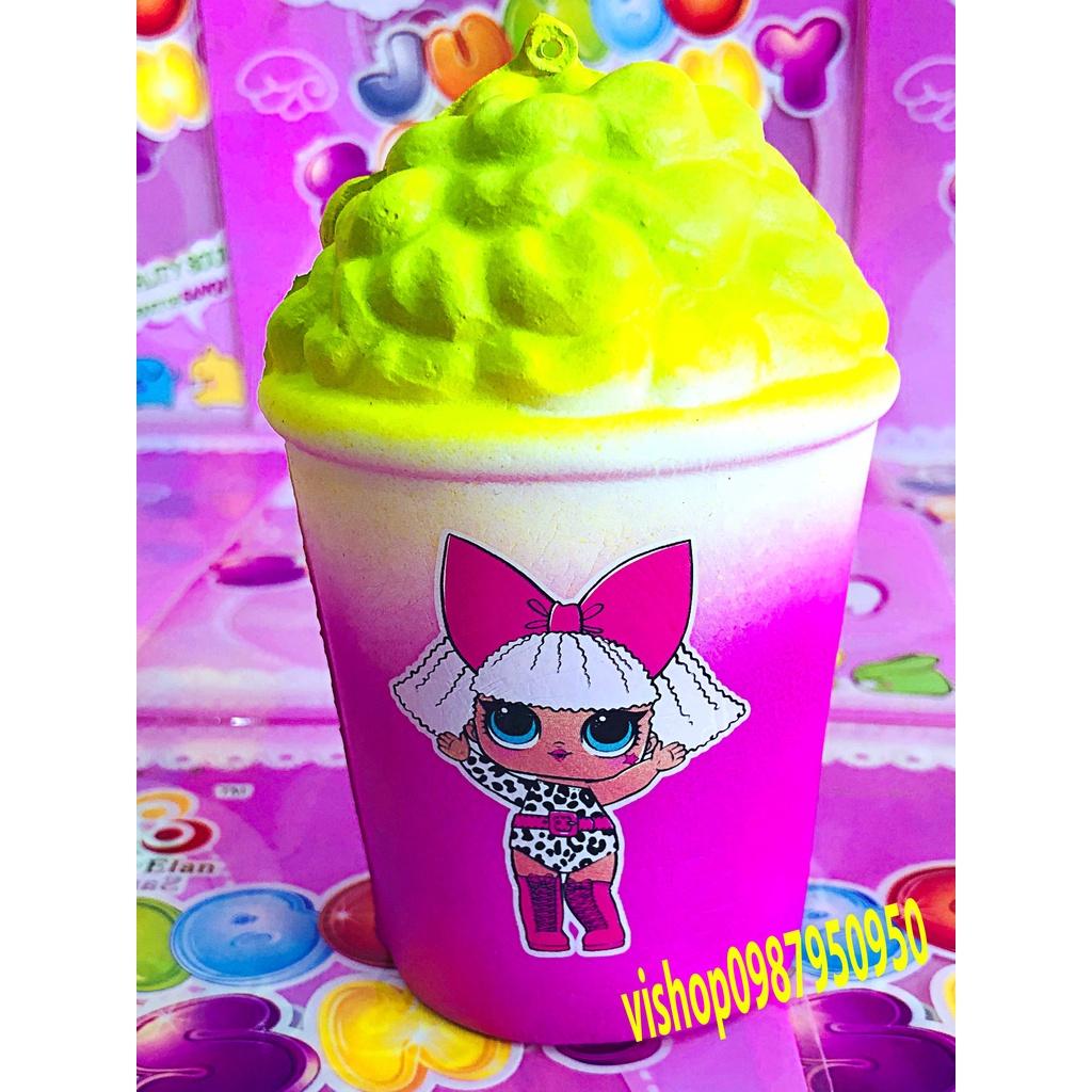 Squishy Lớn JUMBO Hình cốc trà sữa ống hút in hình cô gái 2 nơ trên đầu Đồ Chơi Xốp Giảm Stress Hình mềm mịn dễ Thương đ
