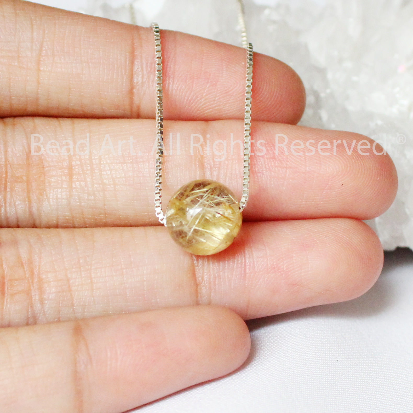 Dây Chuyền 9MM Thạch Anh Tóc Vàng Tự Nhiên, Golden Rutilated Quartz Và Bạc 925, Thổ, Kim, Vòng Cổ, Đá Phong Thuỷ - Bead Art