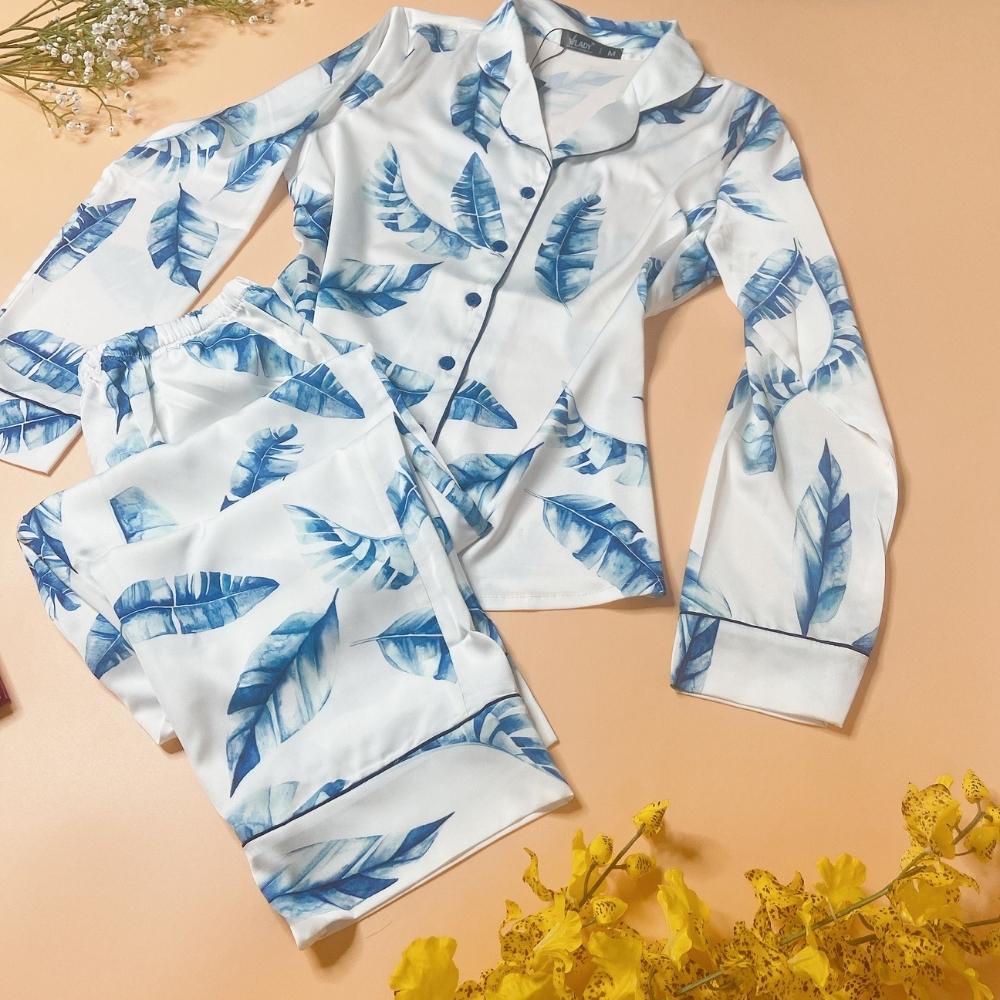 Đồ bộ pyjama nữ, đồ mặc nhà VILADY - B115 kiểu tay dài quần dài họa tiết lá xanh, chất liệu lụa Pháp ( lụa latin) siêu mát