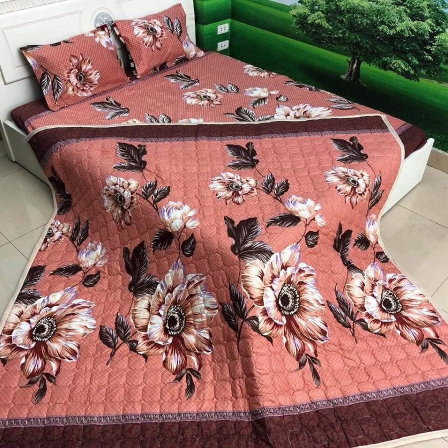 Bộ Chăn Ga Gối Cotton Poly Hè Thu 5 Món Cúc Nâu