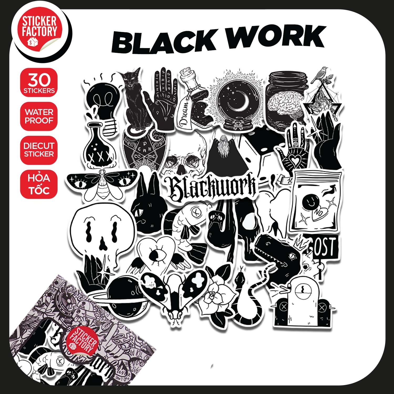 Blackwork - Set 30 sticker decal hình dán nón bảo hiểm, laptop, xe máy, ô tô - STICKER FACTORY
