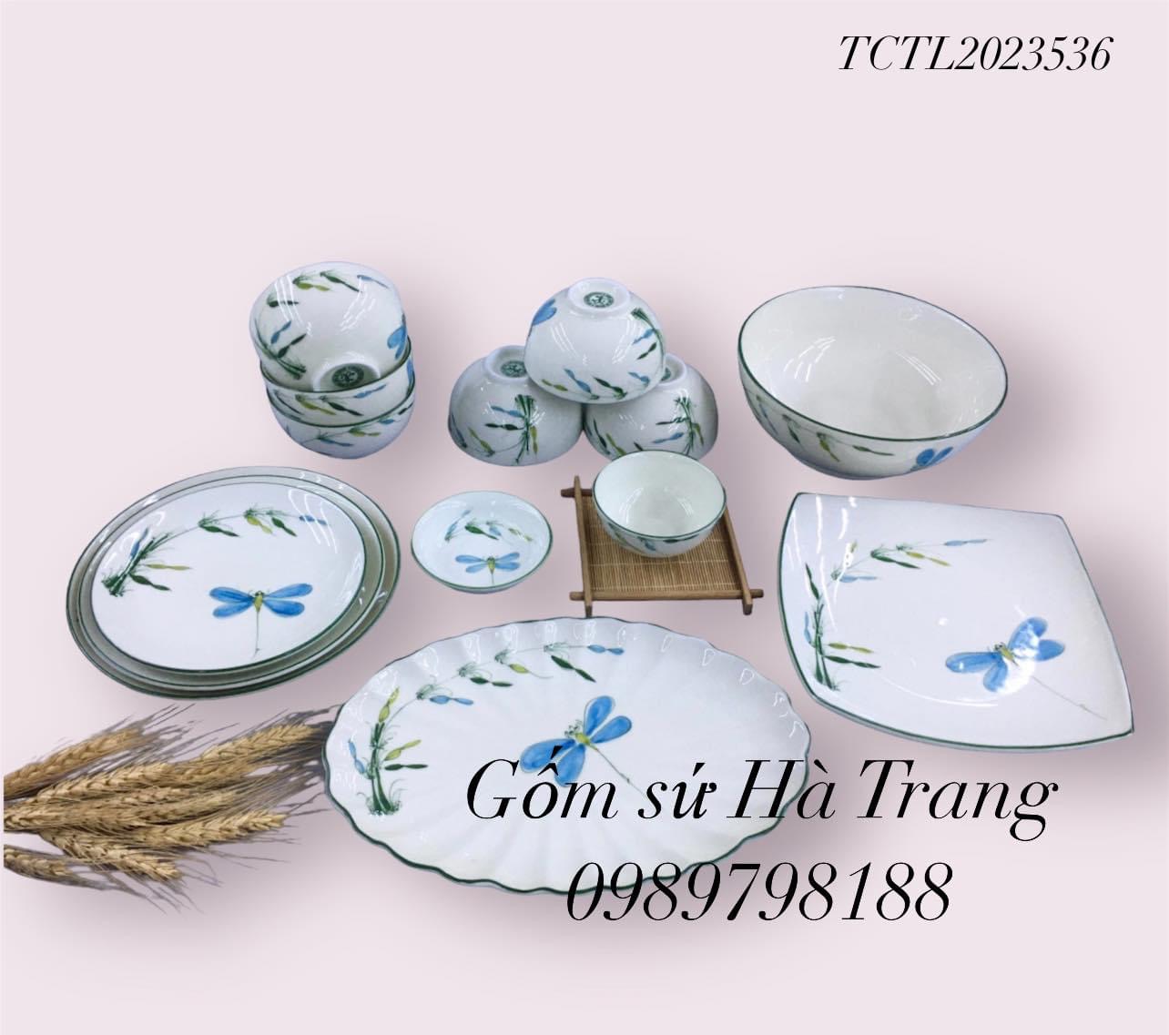 Bộ bát đĩa gốm sứ Bát Tràng cao cấp hoạ tiết trúc chuồn TCTL2023536