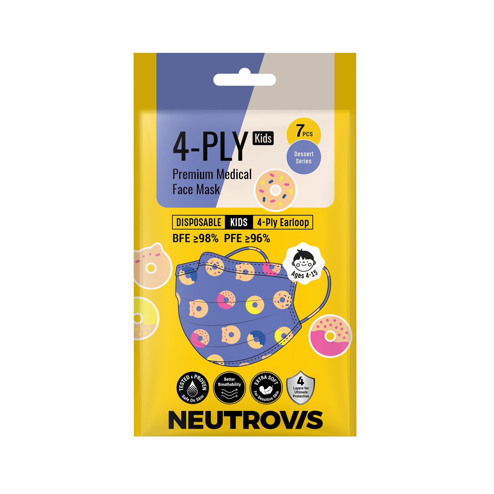 Khẩu Trang Trẻ Em Cao Cấp Kháng Khuẩn 4 Lớp Neutrovis - Donuts (7 Cái/Túi)