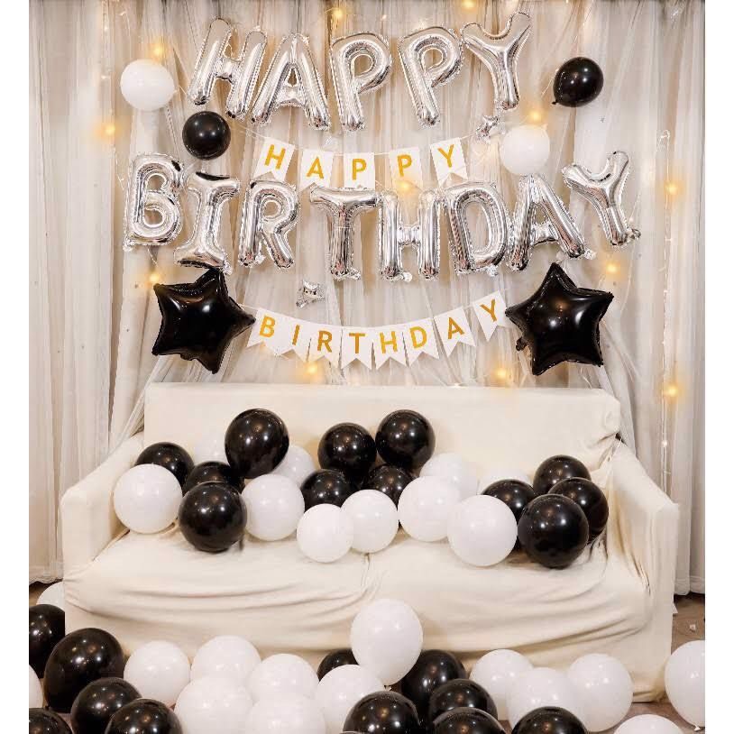 Bộ bong bóng trang trí sinh nhật trắng đen birthday set snnl52