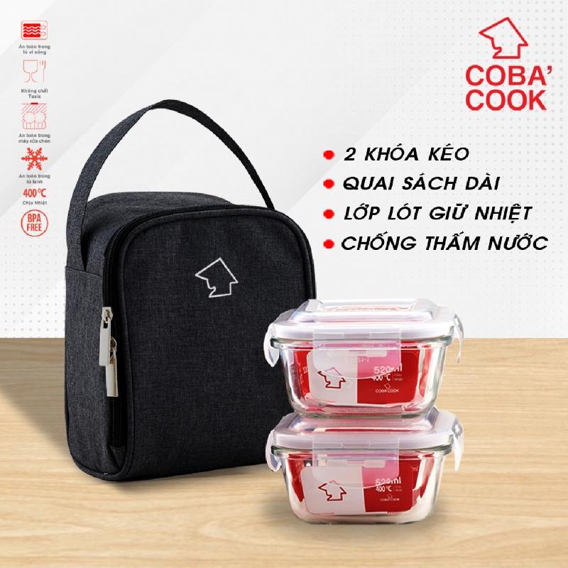 Bộ hộp đựng cơm thủy tinh chịu nhiệt hộp trữ thức ăn COBA'COOK 2 hộp vuông 520ml 1 túi giữ nhiệt hình vuông - CCS52BS