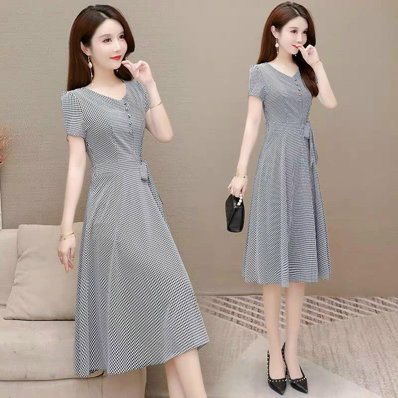 Đầm váy nữ trung niên chữ A tay ngắn văn phòng công sở dạo phố màu xám ghi đỏ nhẹ nhàng